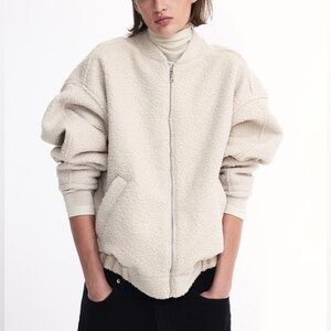H&M Cream Zip-Up Bomber Jacket Sherpa Teddy Oversize XS